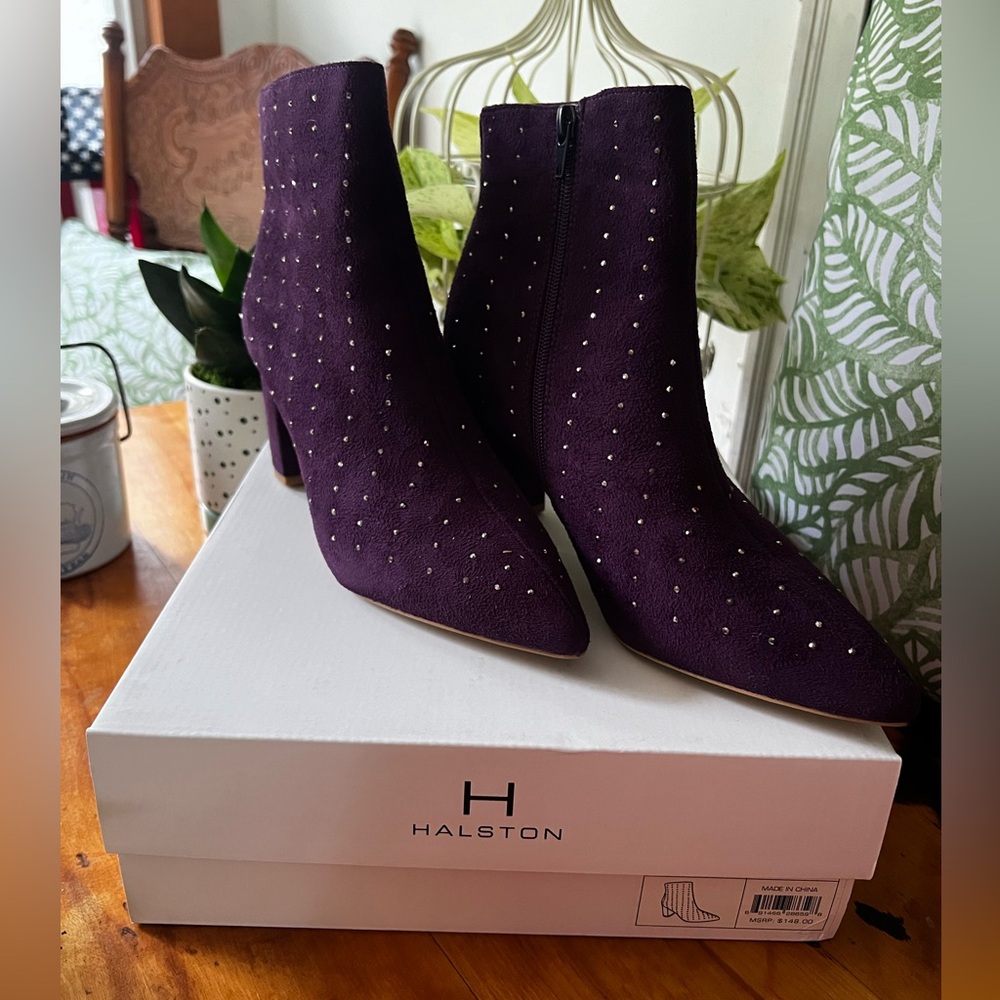 Halston suede purple heeled boots w/Rhinestones